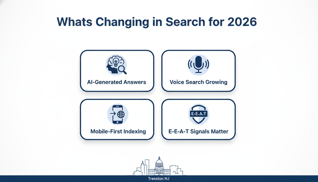 2026 search evolution diagram: AI answers, voice, mobile, E-E-A-T signals