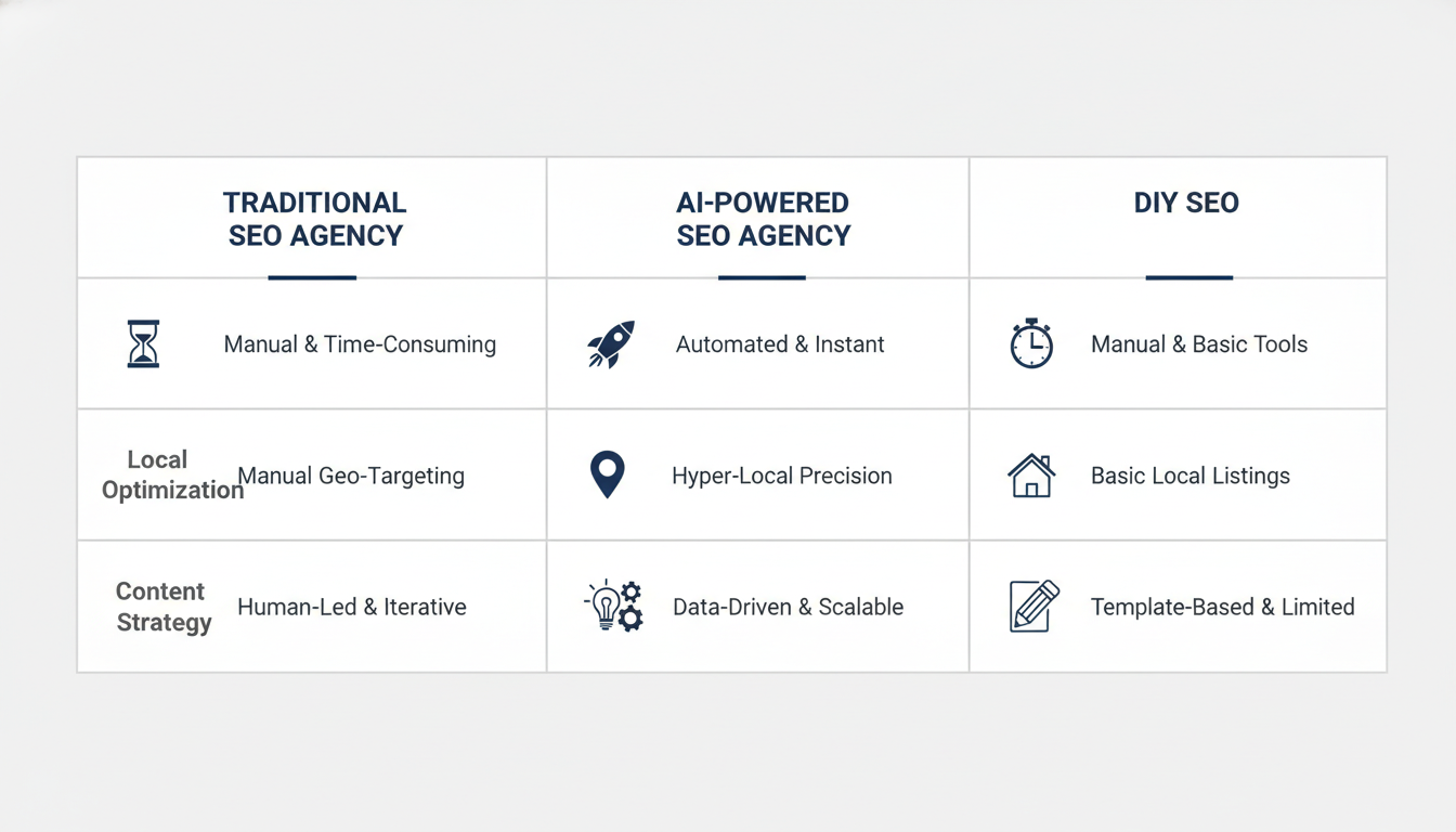 Comparison table: traditional vs AI-powered vs DIY SEO agencies, Trenton