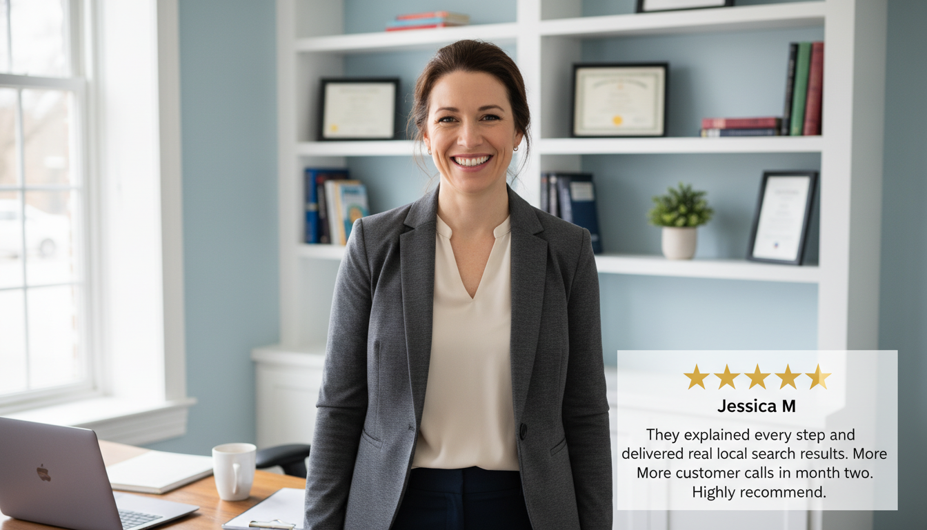 Business owner testimonial with 5-star review about local search results, Trenton NJ