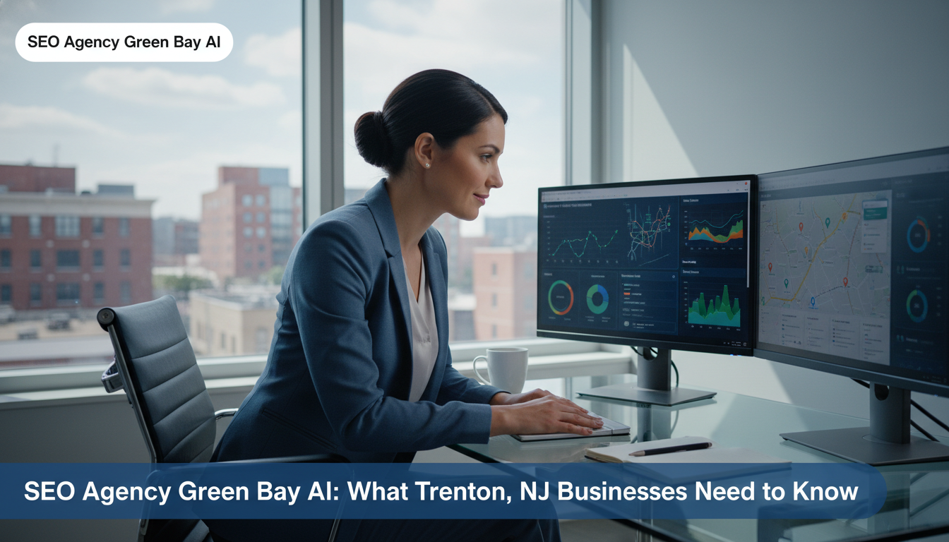 SEO strategist at modern office desk with analytics dashboards, Trenton NJ SEO services