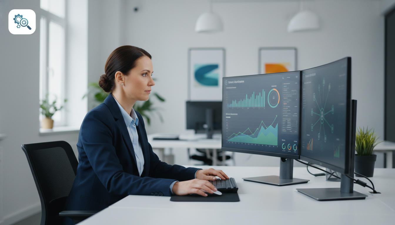 Professional AI SEO consultant at modern office desk with analytics dashboards, Trenton, NJ
