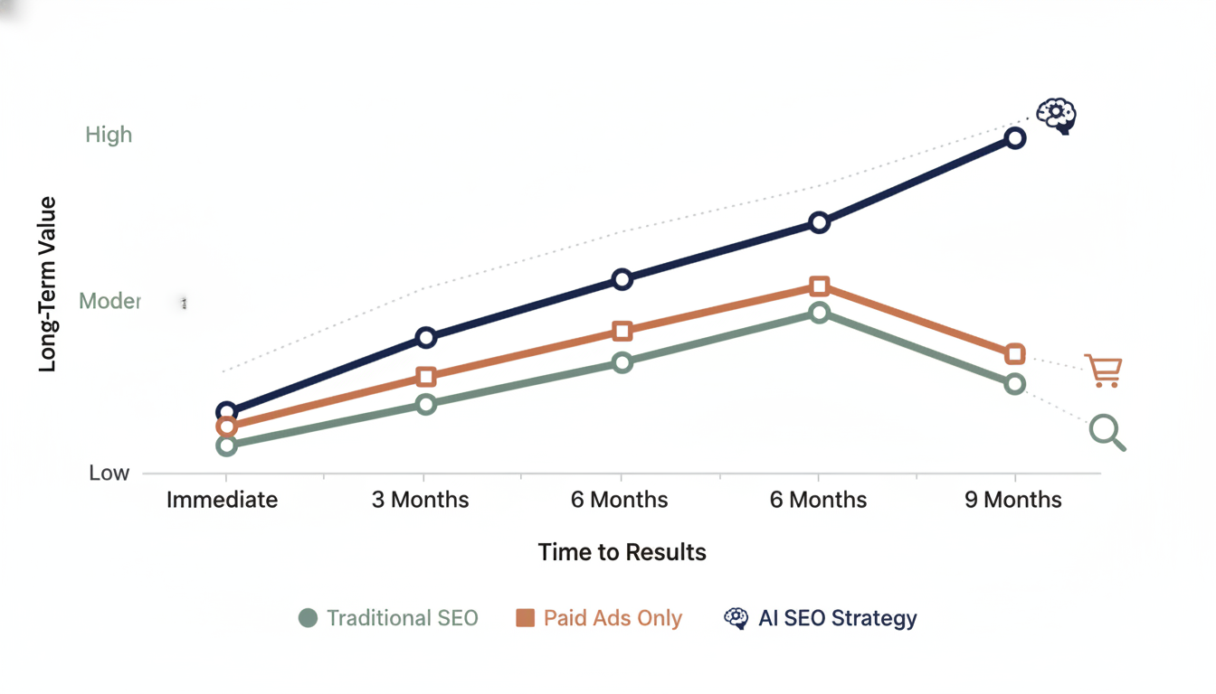 Timeline comparison: AI SEO Strategy vs. Traditional SEO and Paid Ads, Trenton