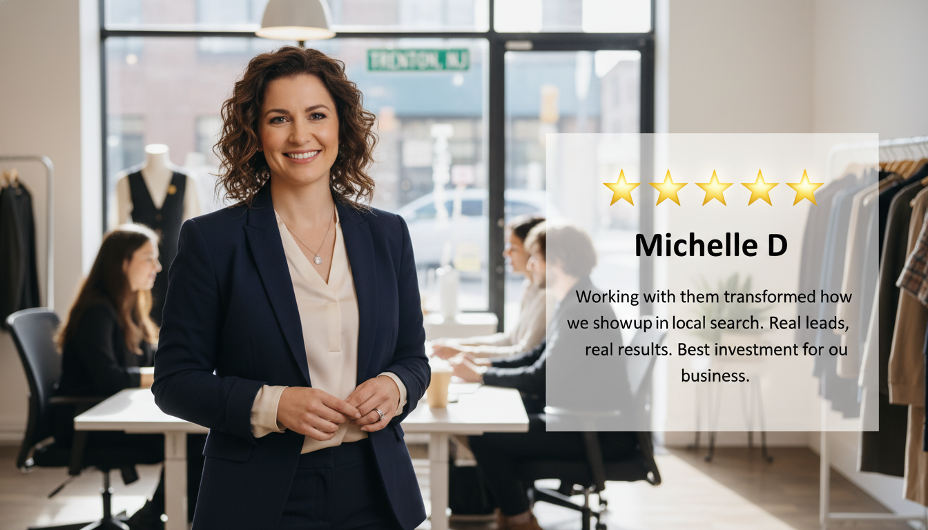5-star testimonial from Michelle D., Trenton NJ business owner, AI SEO consulting