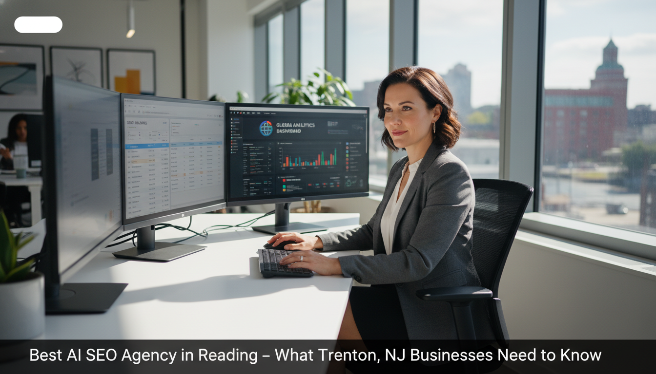 Professional digital strategist working at modern office desk with analytics monitors, SEO agency in Trenton, NJ