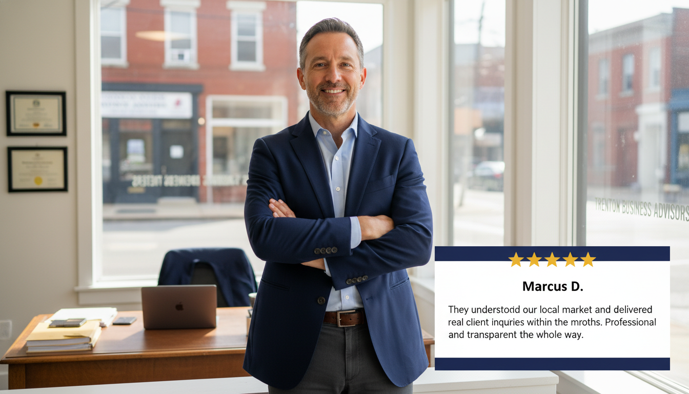 Business owner testimonial with five-star review on SEO results, Trenton, NJ