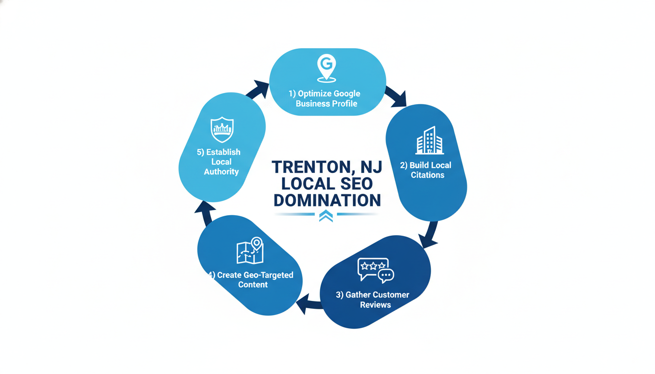 Local SEO strategy flow chart showing five key components for Trenton businesses
