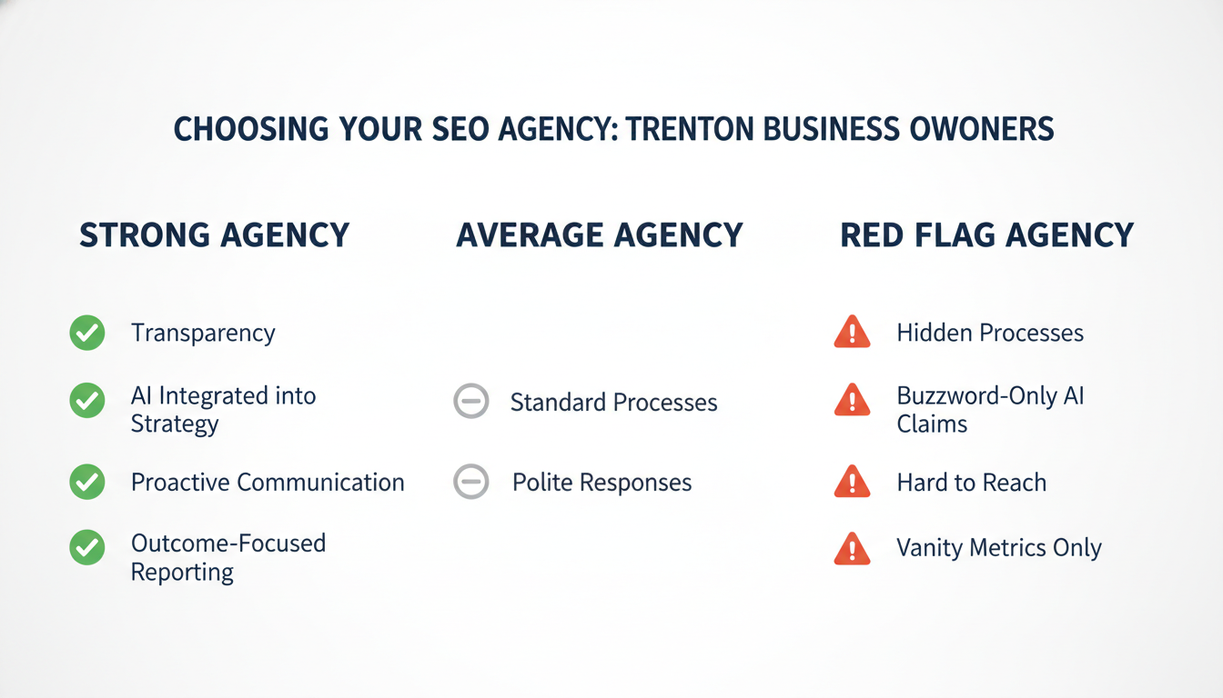 Three-column agency evaluation guide: strong vs average vs red flag indicators