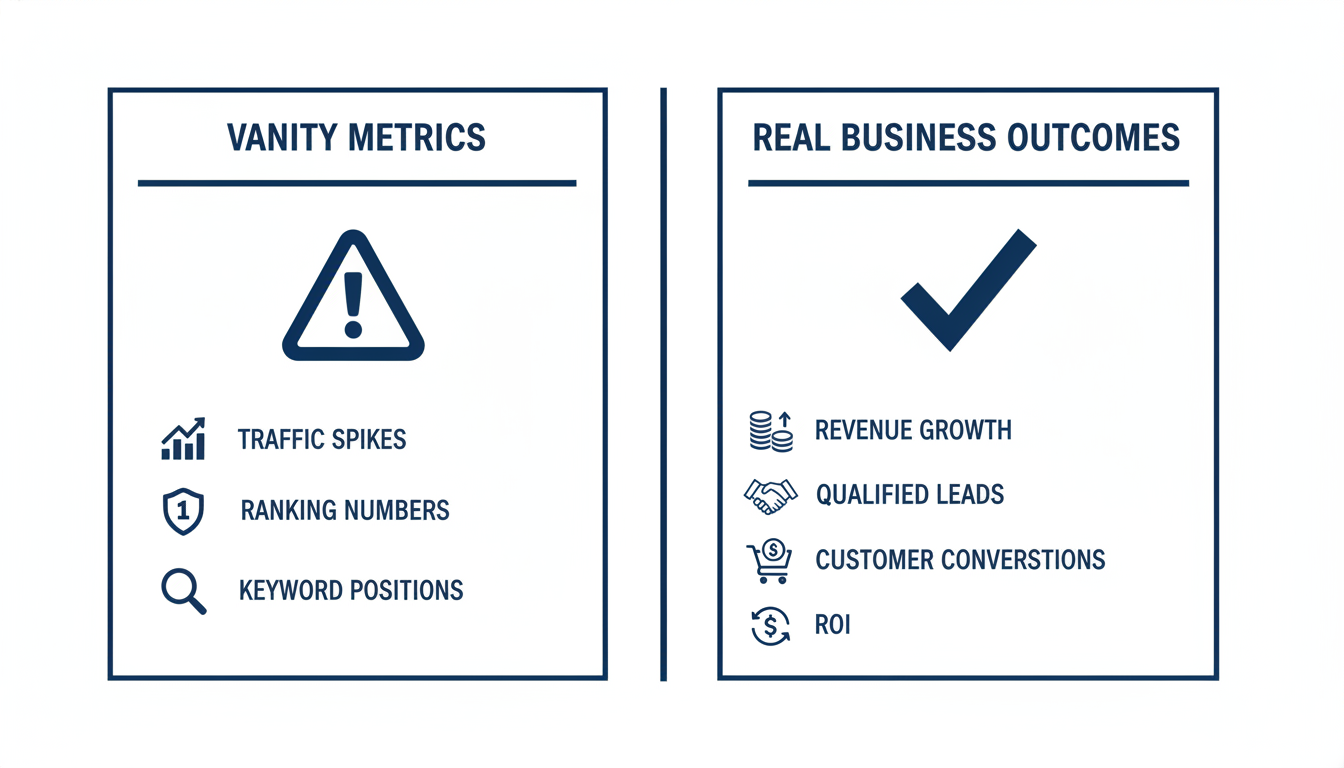 Vanity metrics vs real outcomes comparison diagram for SEO evaluation, Trenton