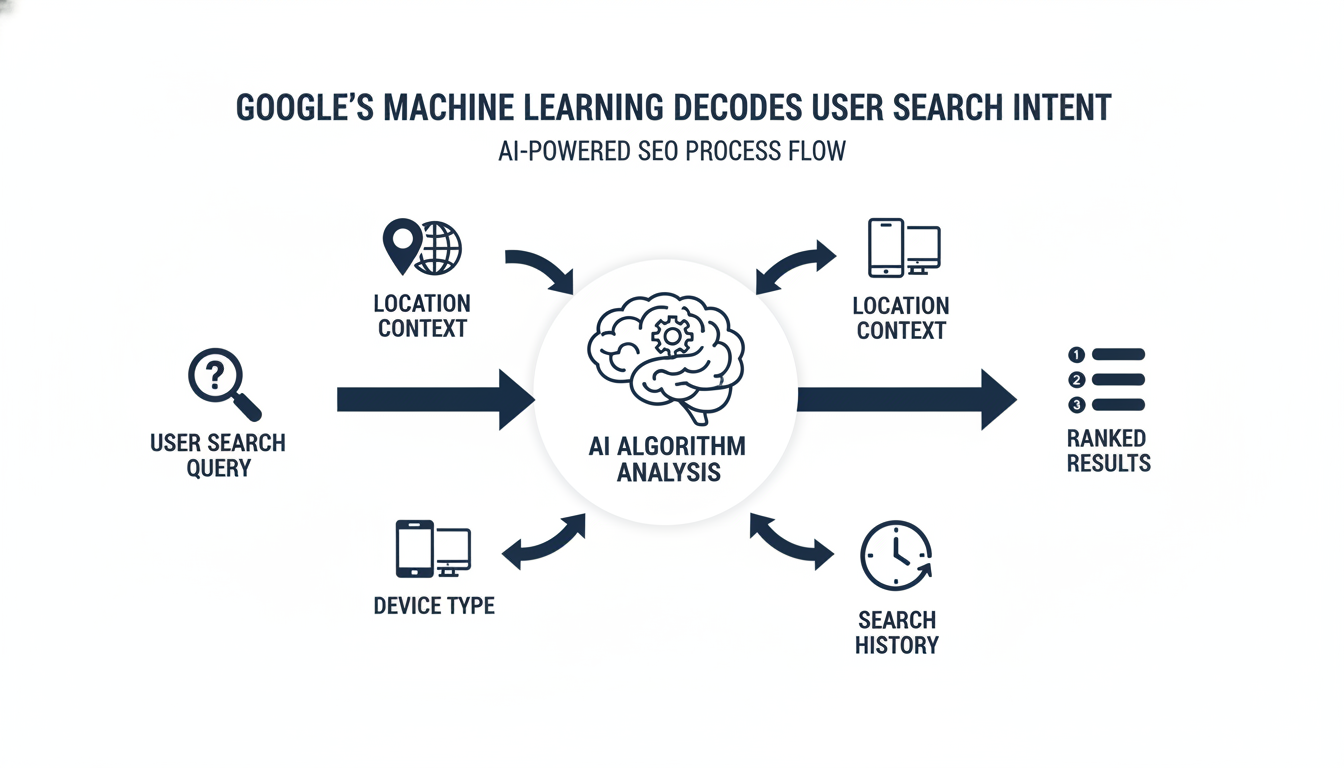 AI-powered SEO process flow diagram showing user search to algorithm analysis, Trenton local SEO
