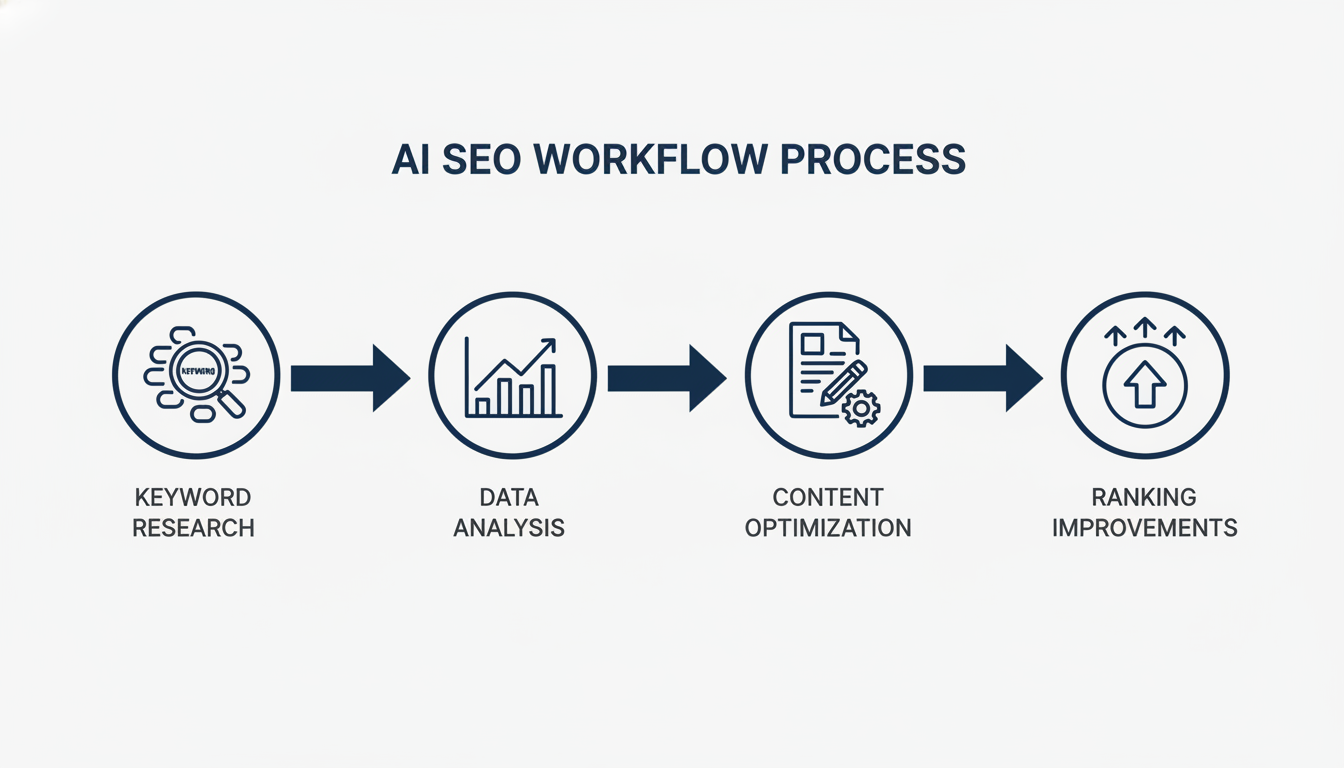 AI SEO workflow process diagram: keyword research, data analysis, optimization, rankings improvement