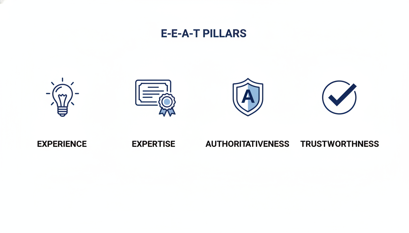 E-E-A-T pillars framework infographic: Experience, Expertise, Authoritativeness, Trustworthiness