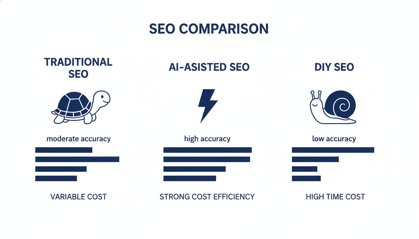 SEO comparison chart: Traditional vs AI-Assisted vs DIY showing speed, accuracy, cost efficiency