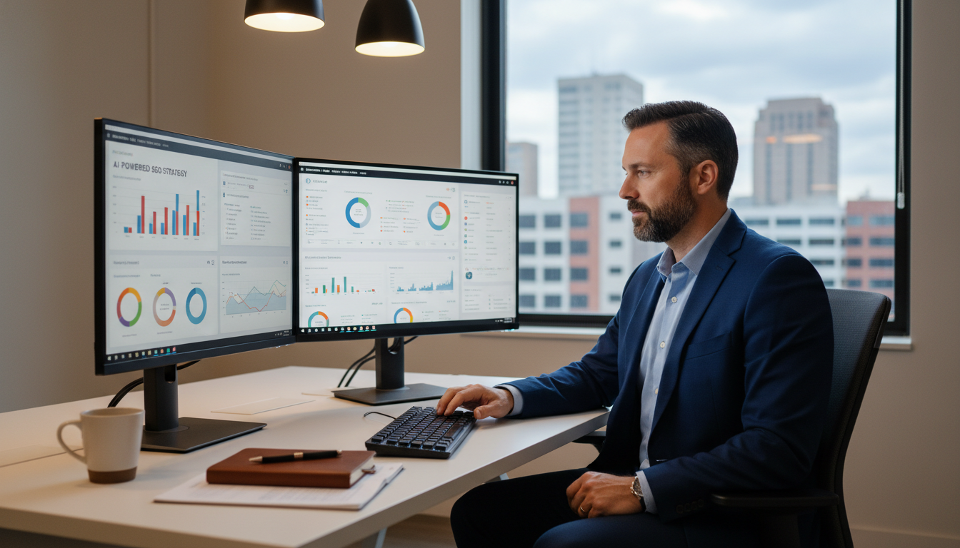 AI SEO consultant working at dual monitors in modern Trenton office showing analytics dashboards