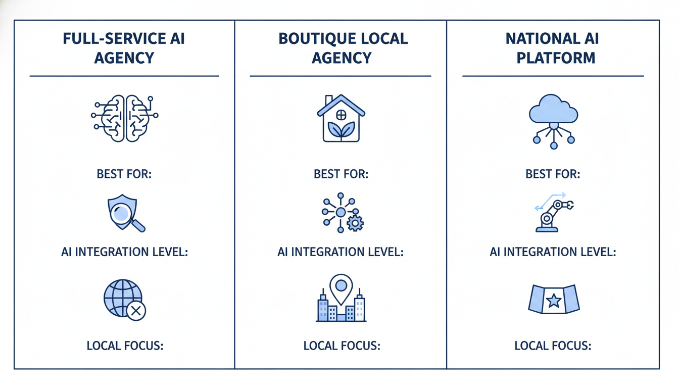 Comparison diagram of three AI marketing agency types: full-service, boutique local, and national