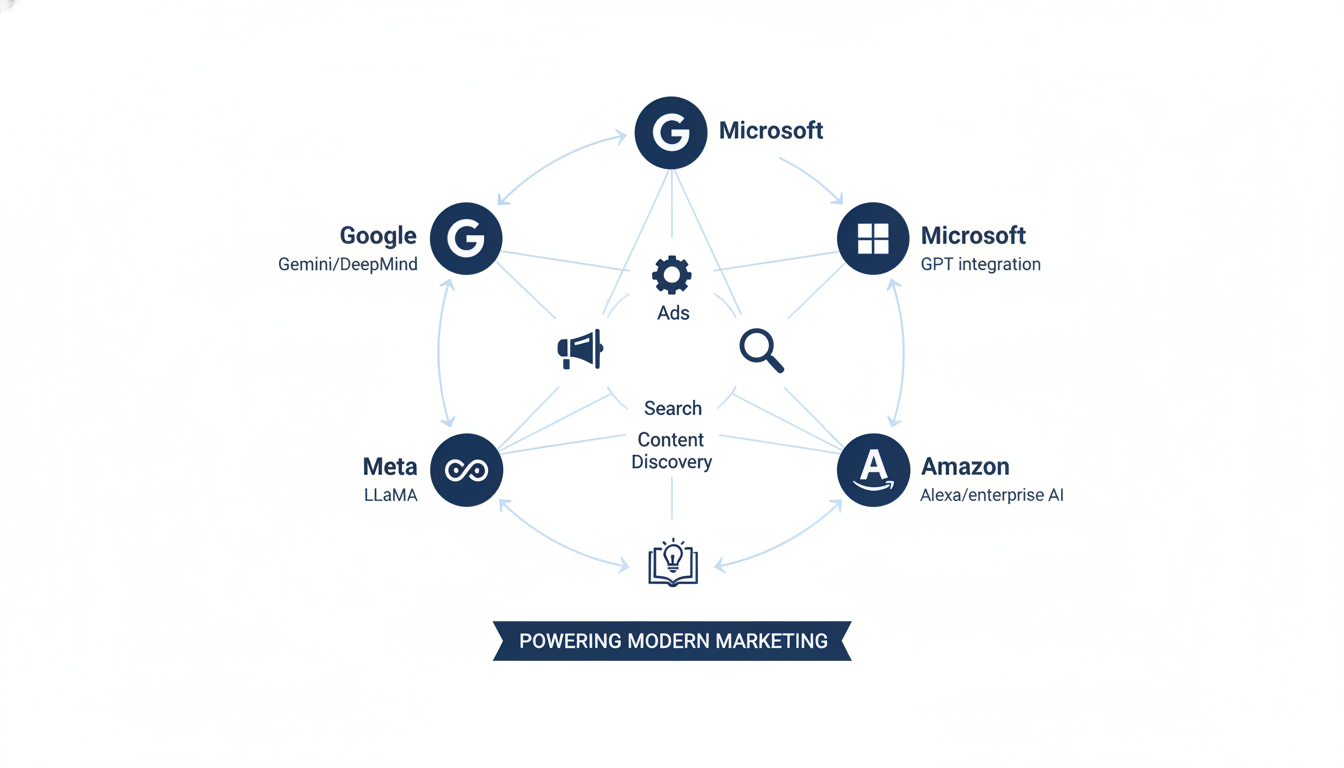 Big 4 AI platforms ecosystem diagram: Google, Microsoft, Amazon, Meta in marketing context