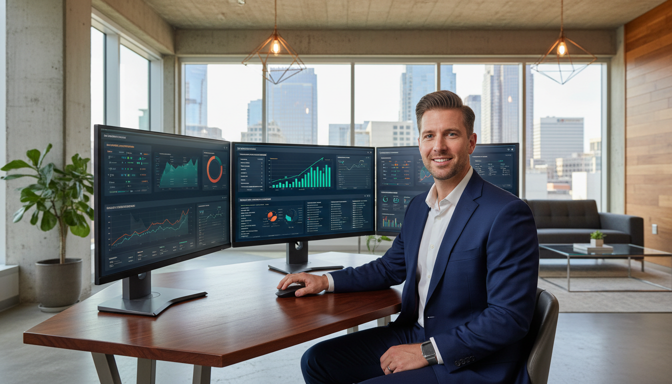 AI marketing strategist at modern office desk with analytics dashboards, Charlotte NC marketing agency