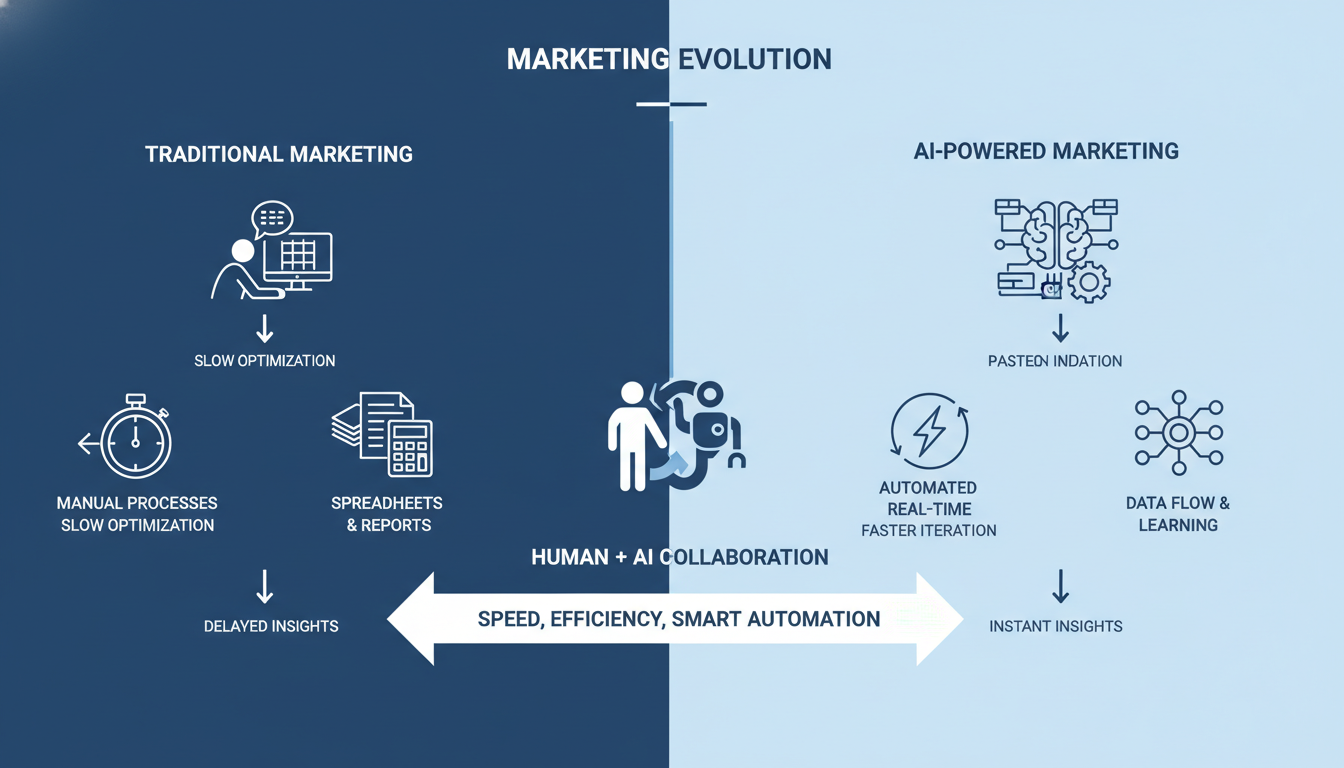 Infographic comparing traditional vs AI-powered marketing efficiency and automation benefits