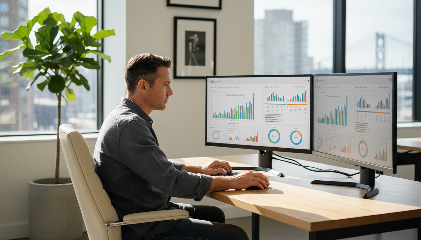 Professional consultant reviewing SEO analytics on dual monitors in modern office, Trenton NJ