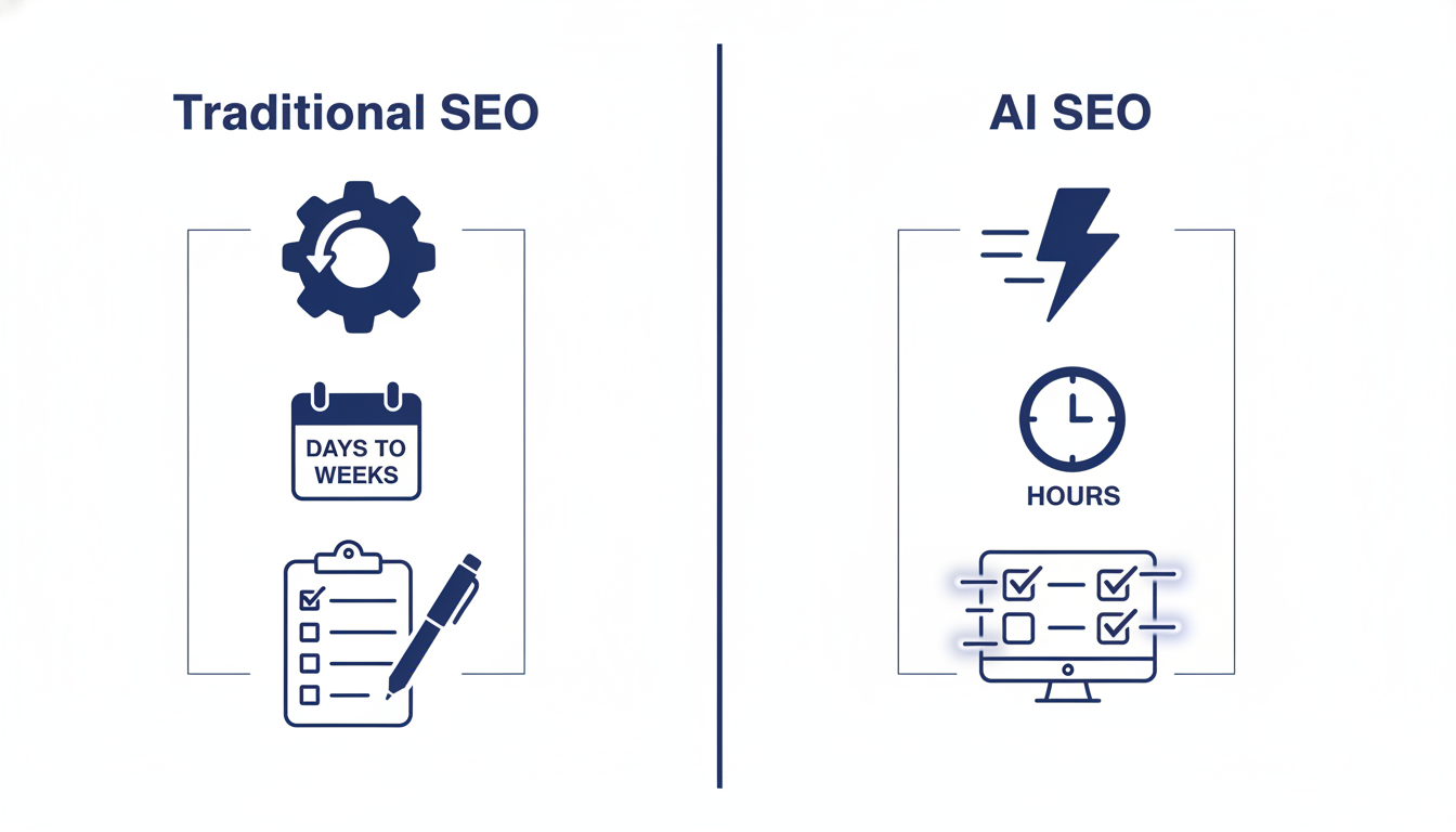 Traditional vs AI SEO comparison showing speed advantages, Trenton NJ search consulting