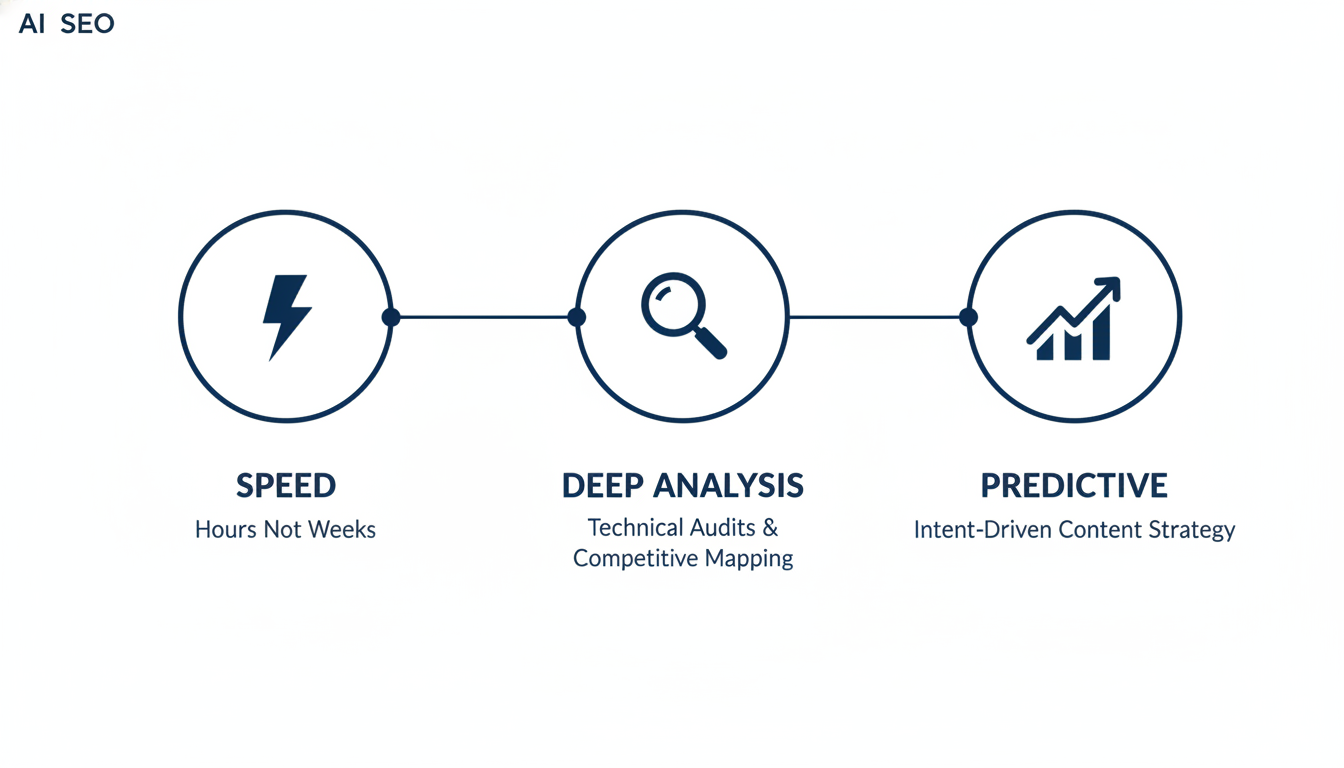 AI SEO capabilities diagram: Speed, Deep Analysis, Predictive for Trenton consultant services