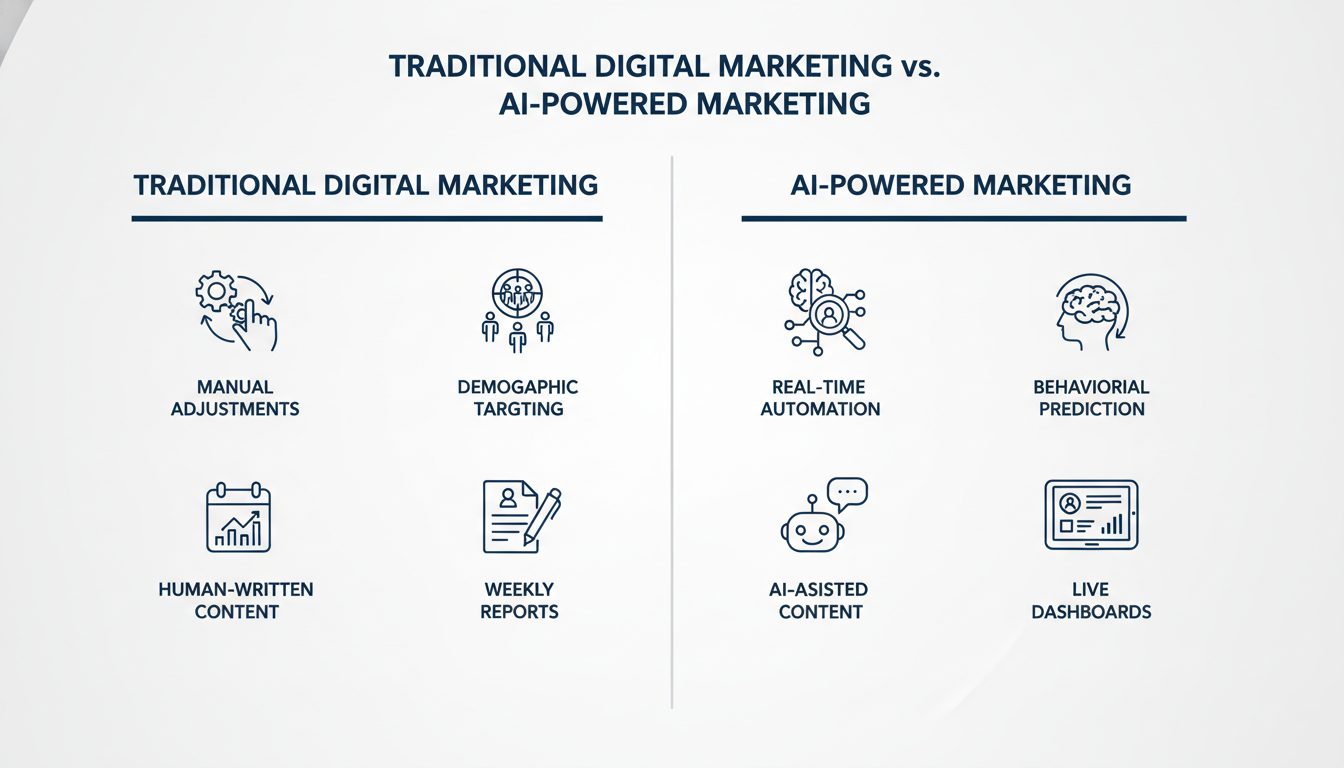 Comparison infographic: traditional vs AI-powered digital marketing approaches
