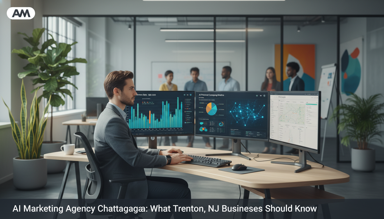 Professional marketer analyzing AI analytics dashboards in modern office workspace, marketing services Trenton NJ