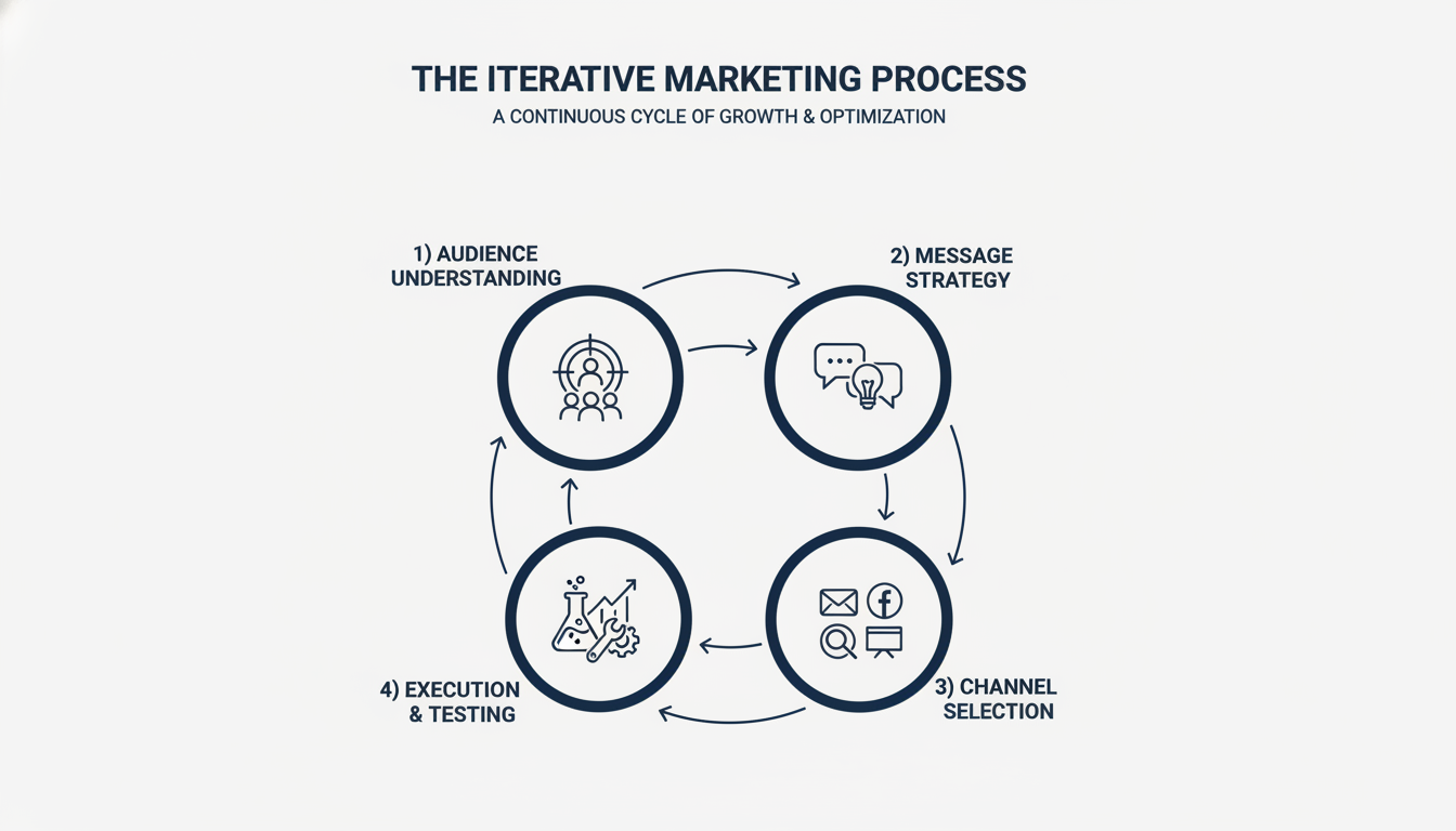 Marketing process cycle diagram showing five interconnected steps from audience understanding to optimization