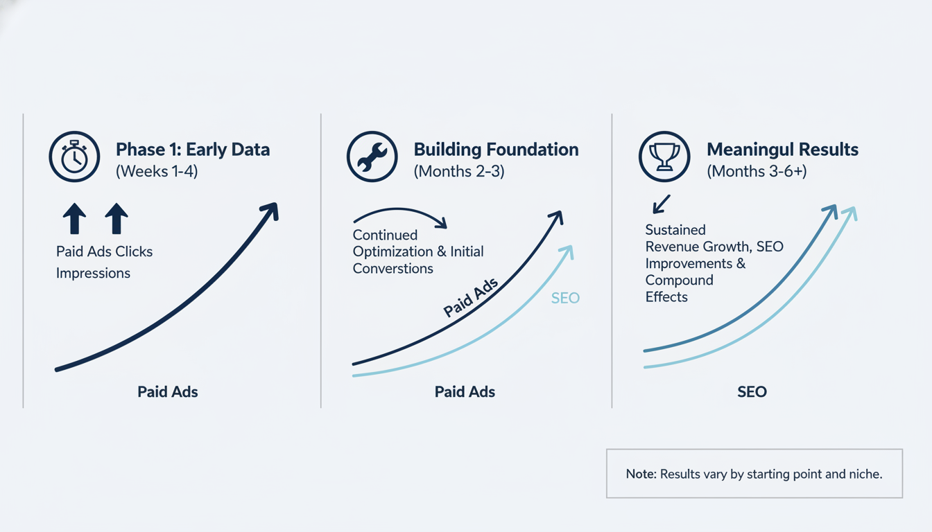Timeline infographic displaying realistic marketing result expectations from weeks 1-4 through 6+ months