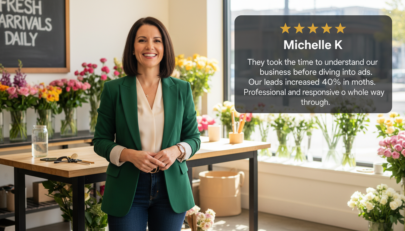 Satisfied female business owner with 5-star review: 40% lead increase in 4 months, Trenton NJ marketing success