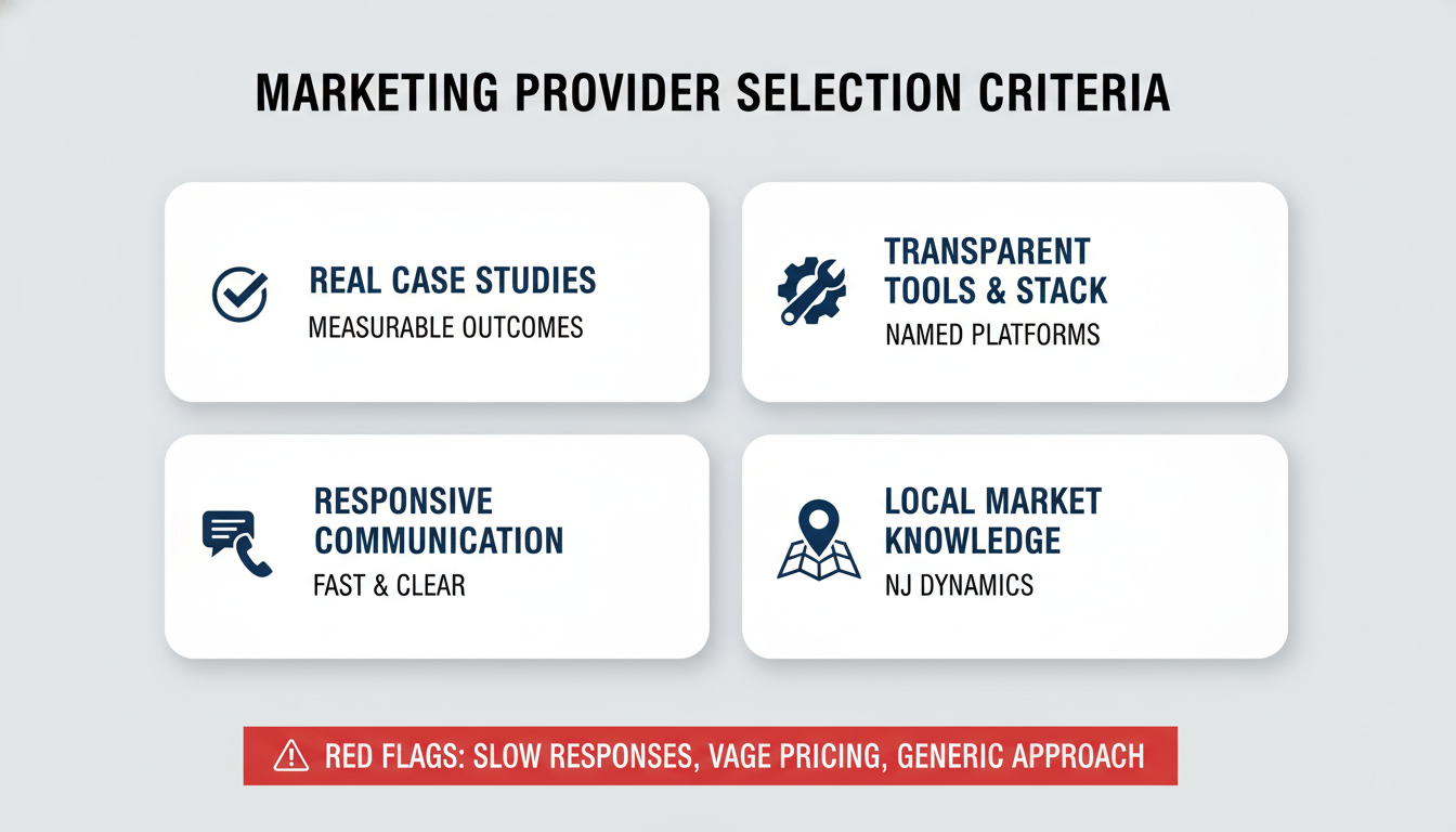 Marketing provider evaluation checklist showing case studies, tools, communication, and local market knowledge criteria