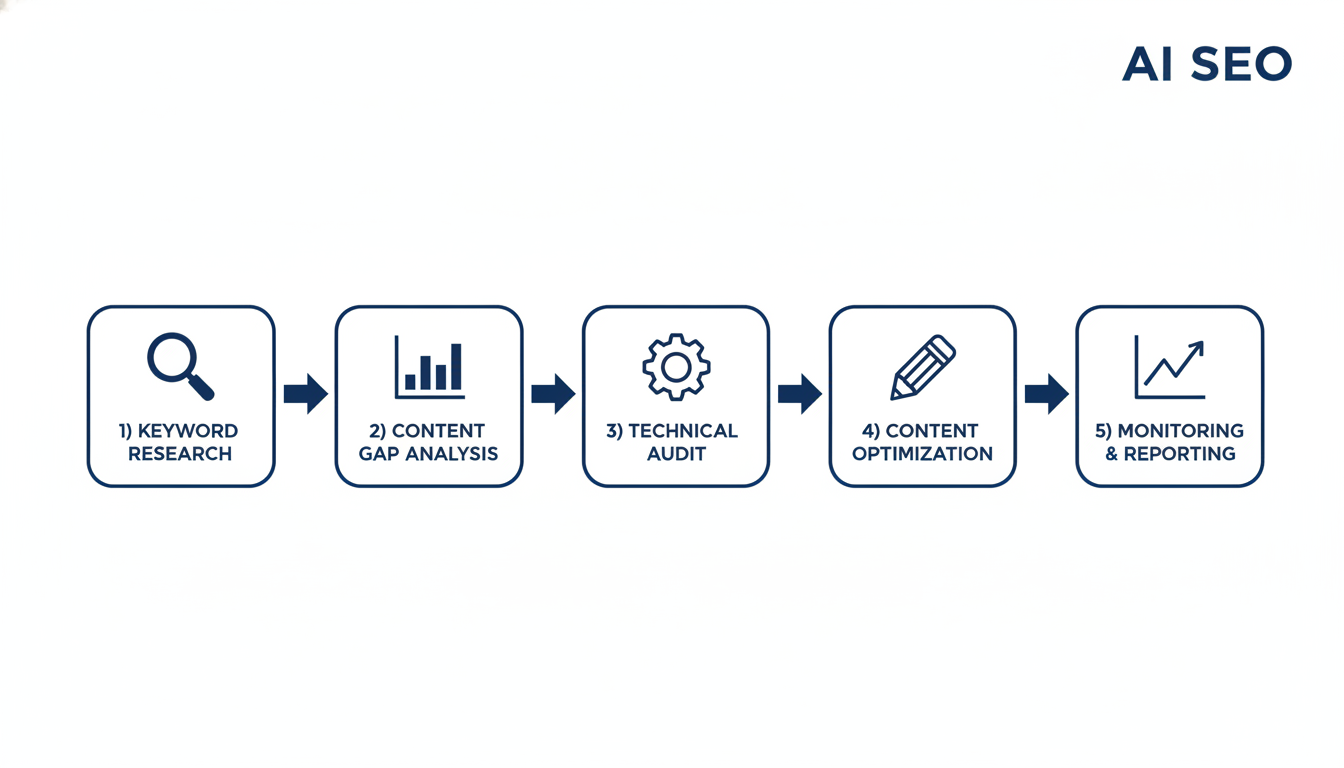 AI SEO workflow process diagram: keyword research, gap analysis, audit, optimization, monitoring