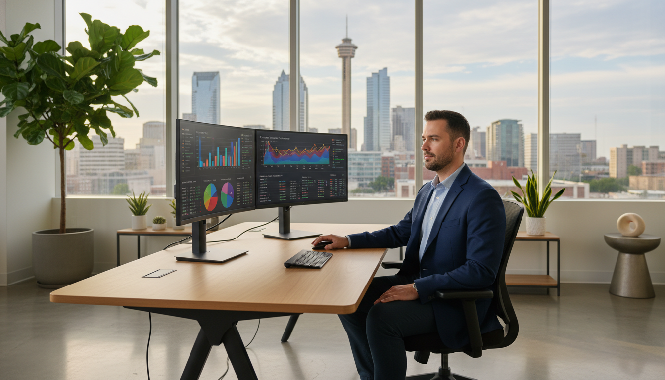 SEO strategist at modern office desk with analytics dashboards, San Antonio skyline view, AI SEO Agency