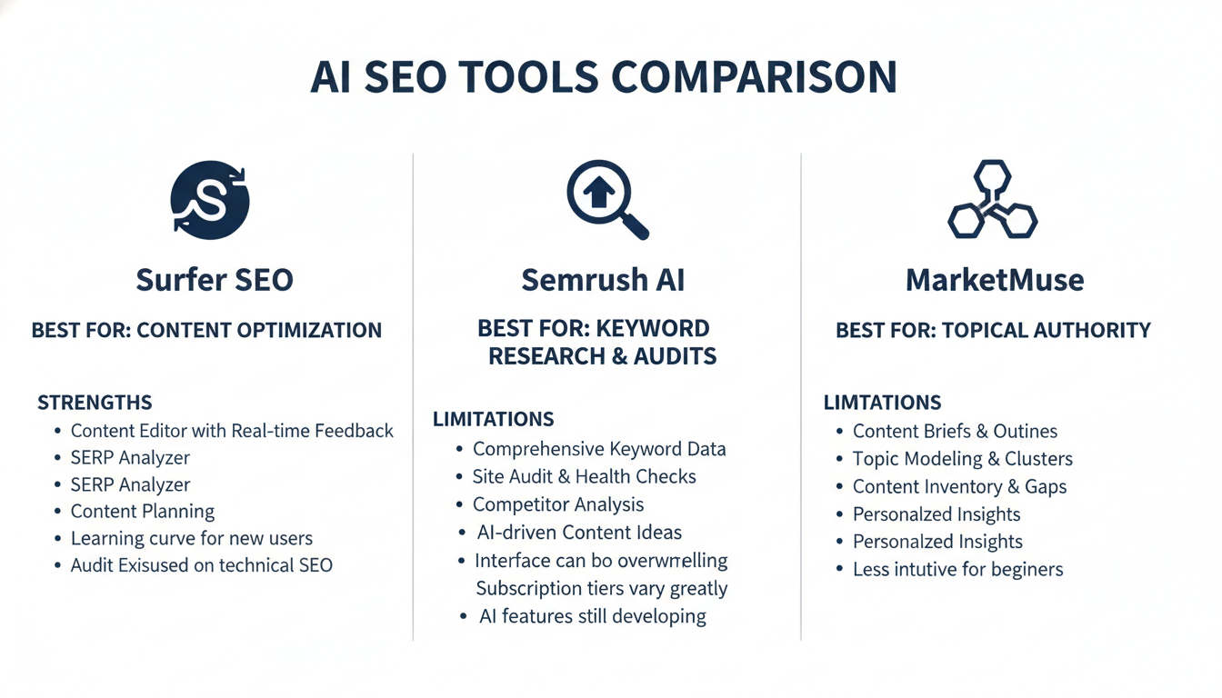 Comparison grid: Surfer SEO, Semrush AI, MarketMuse tools for San Antonio SEO strategies