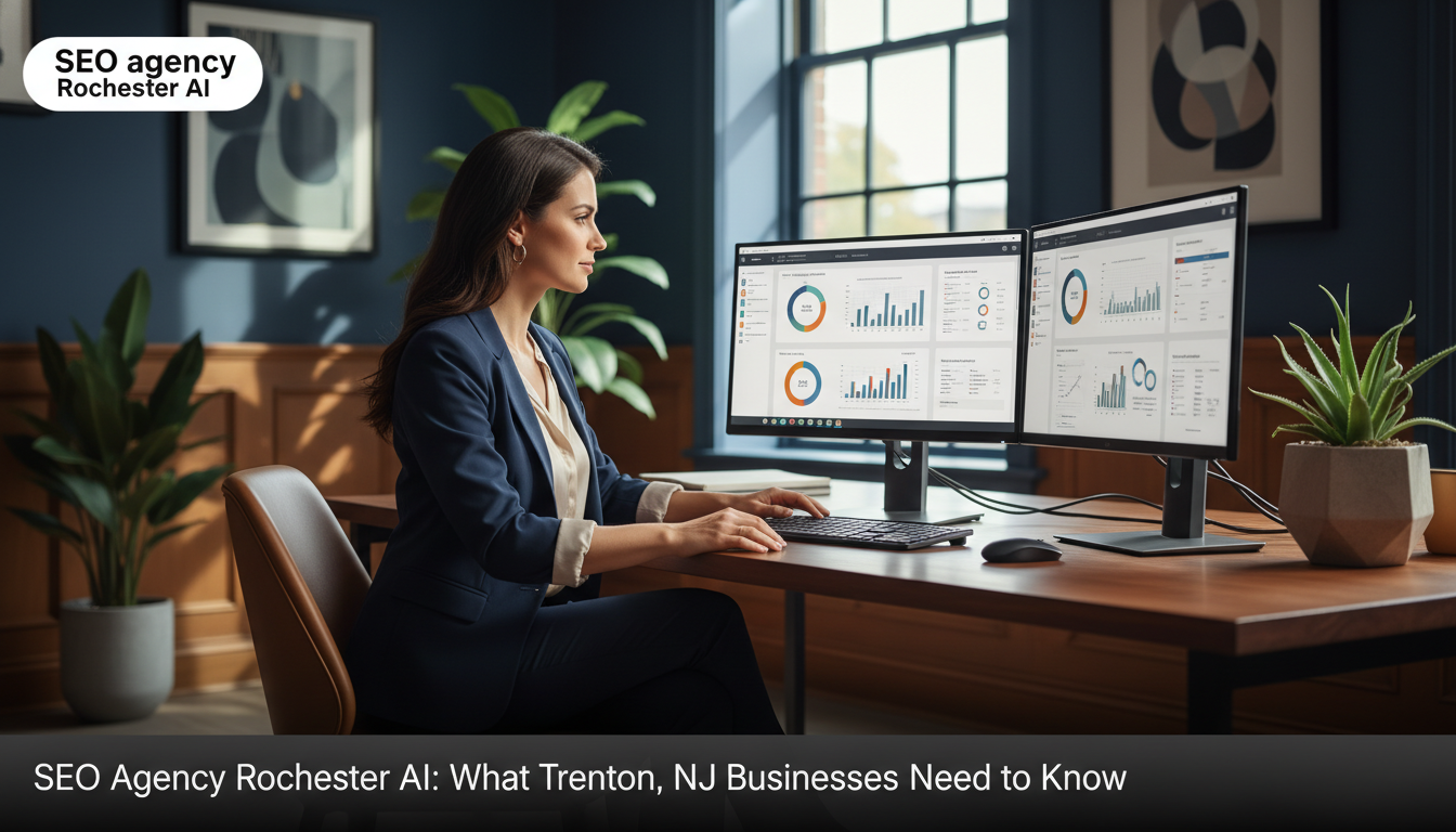 Professional woman reviewing SEO analytics on computer in modern Trenton office. SEO Hybrid service for local businesses.