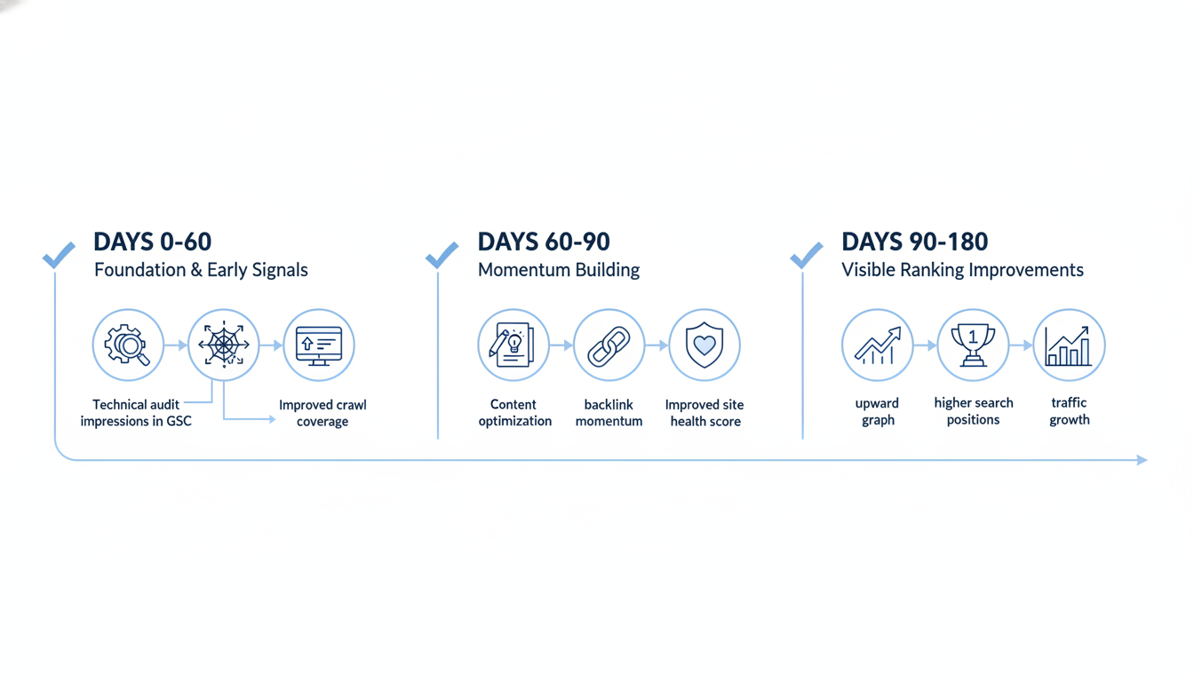 Timeline showing SEO Hybrid results progression from early signals to ranking improvements in Trenton.
