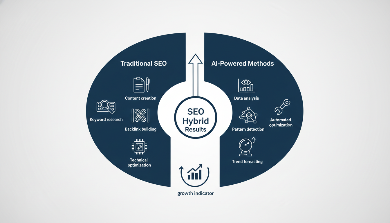 SEO Hybrid infographic combining traditional SEO and AI-powered methods for Trenton, NJ businesses.