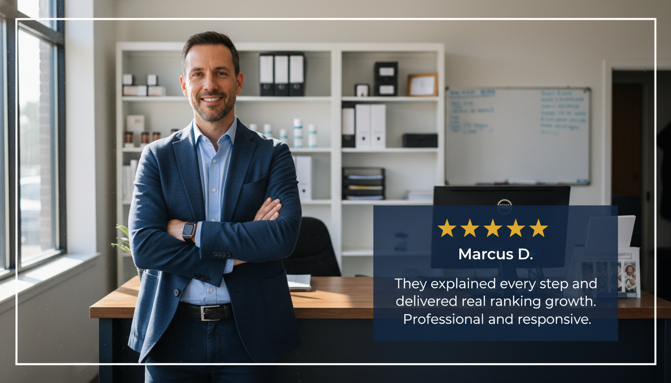 Satisfied Trenton business owner with 5-star review of SEO Hybrid service results and professional support.