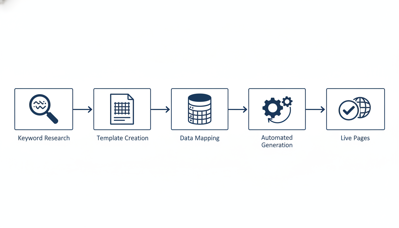 Programmatic SEO process flowchart: keyword research, template creation, data mapping, automation