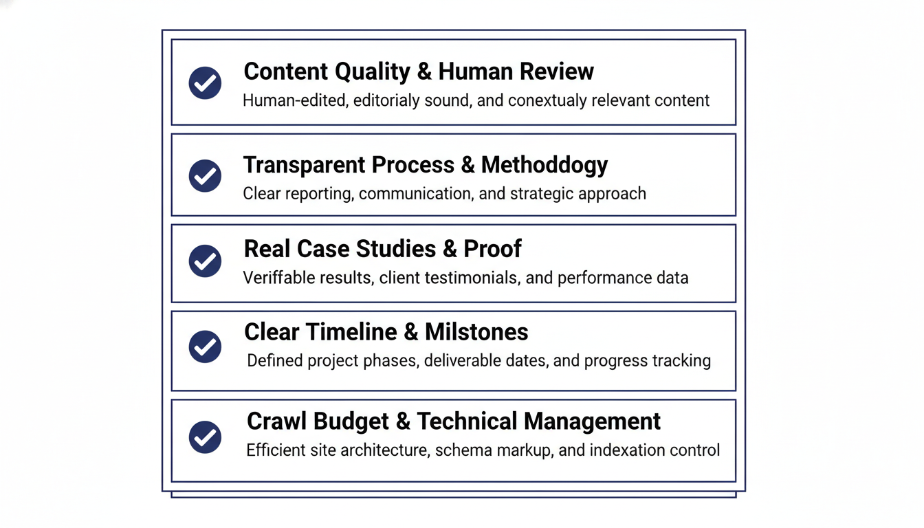 Agency evaluation checklist for content quality, transparency, case studies, and technical management
