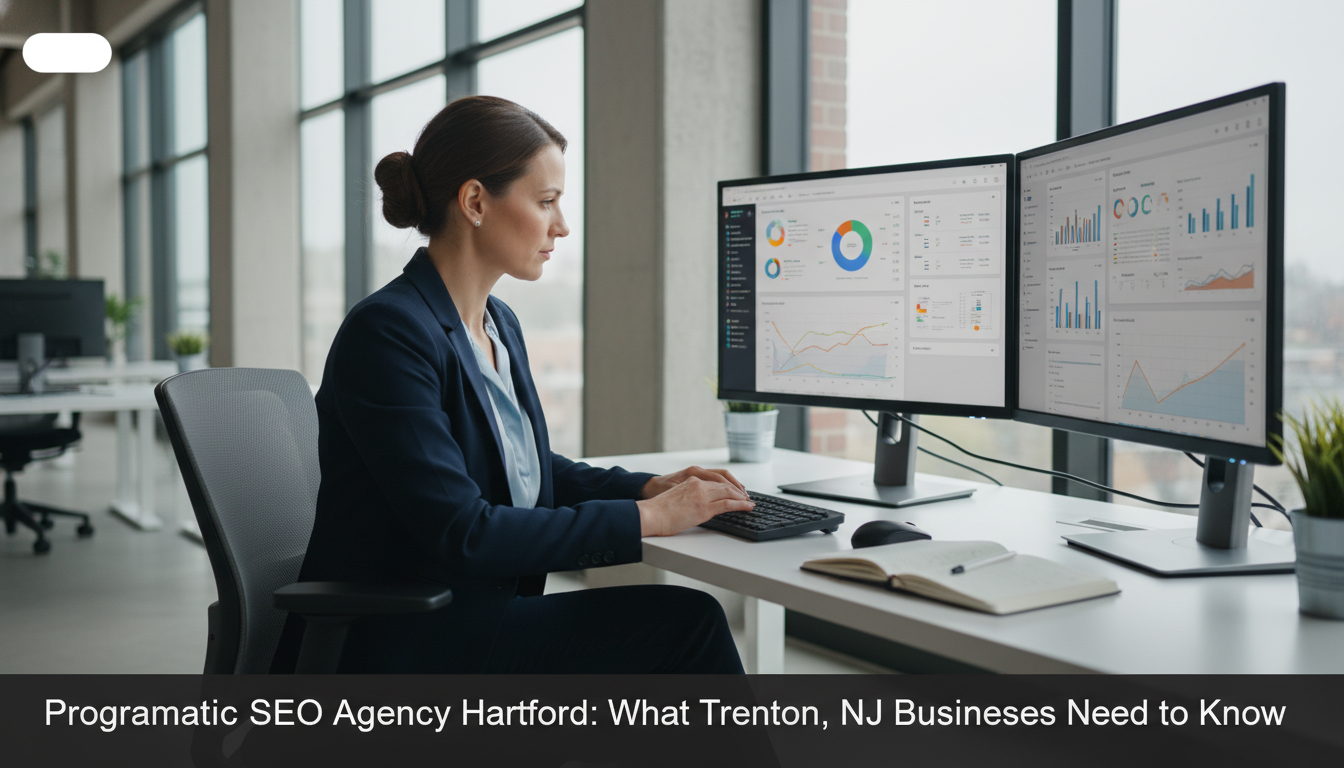 Digital marketer analyzing SEO data on multiple monitors in modern Trenton office environment
