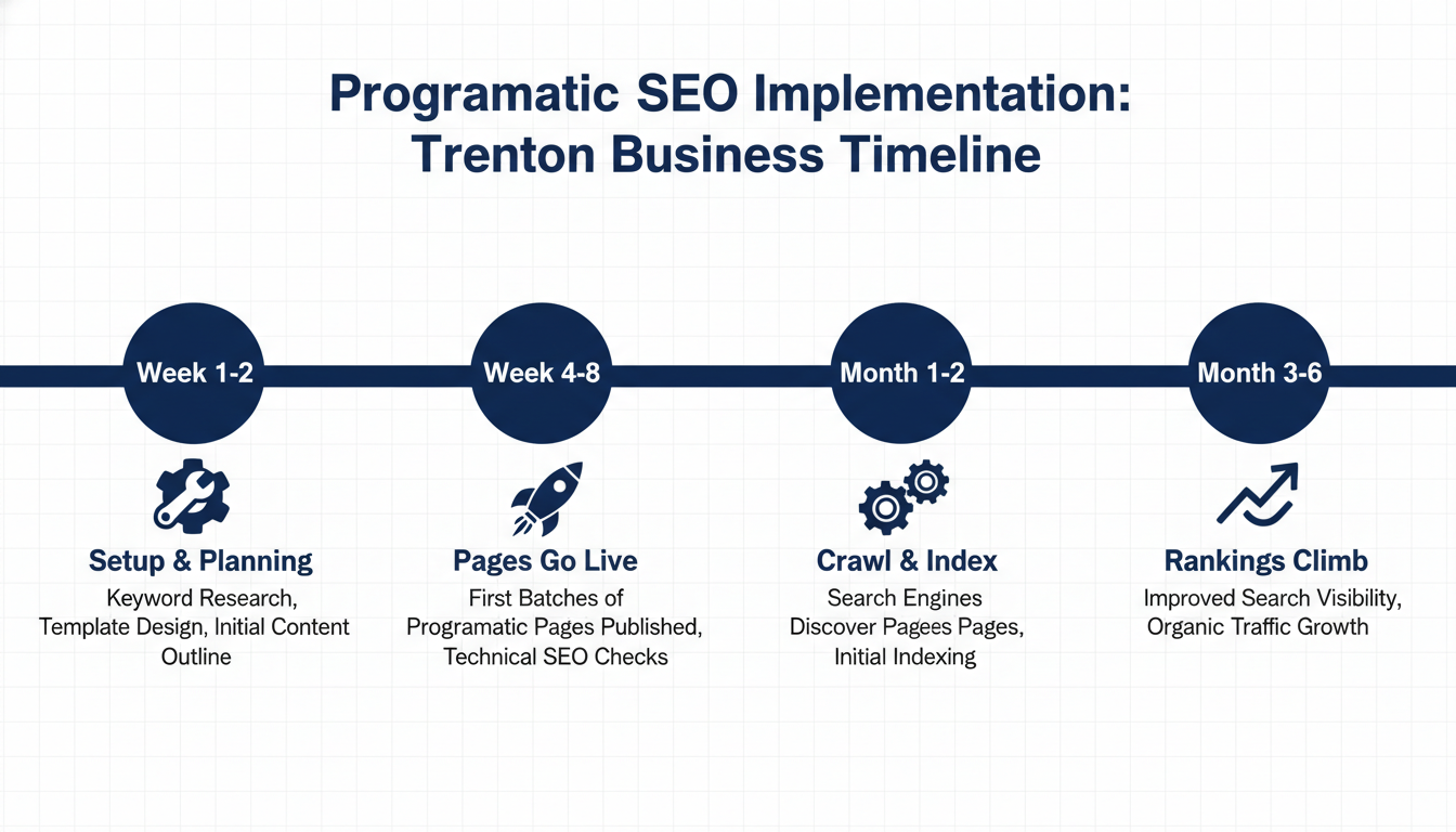 Timeline showing programmatic SEO milestones from week 1 setup through 6-month ranking growth