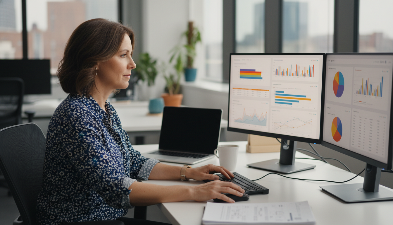 Senior SEO strategist reviewing analytics on dual monitors in modern Trenton office workspace