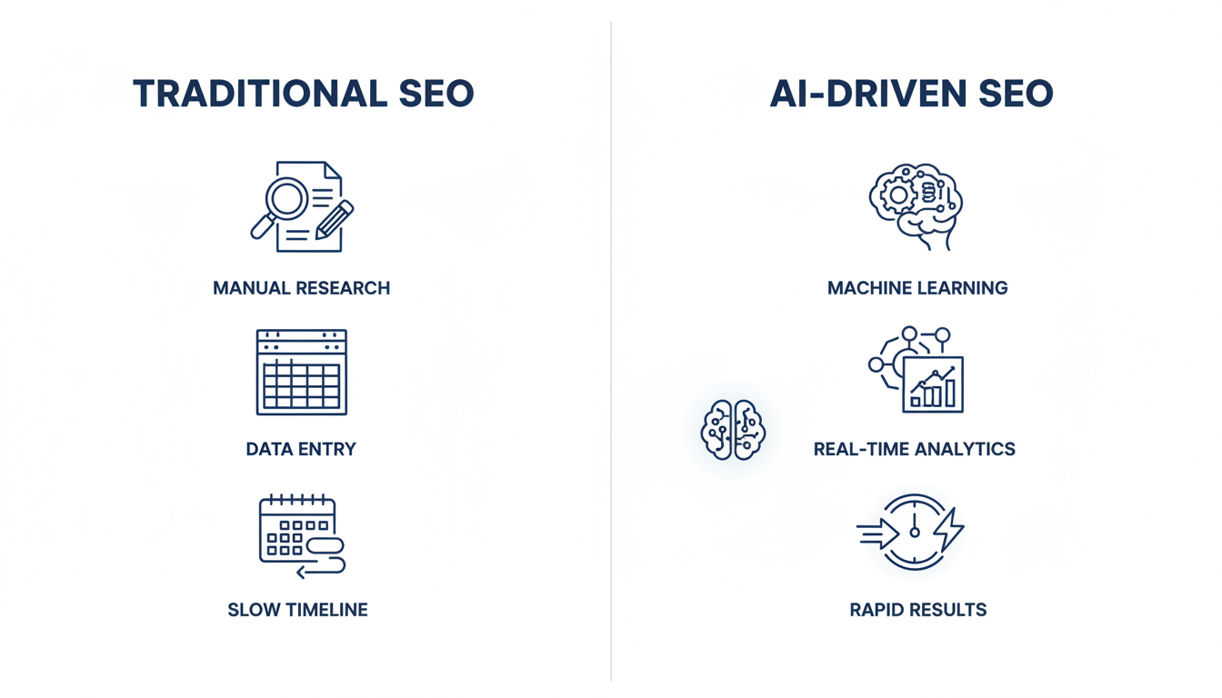 Comparison diagram: Traditional SEO vs AI-driven SEO methods and speed advantages for agencies