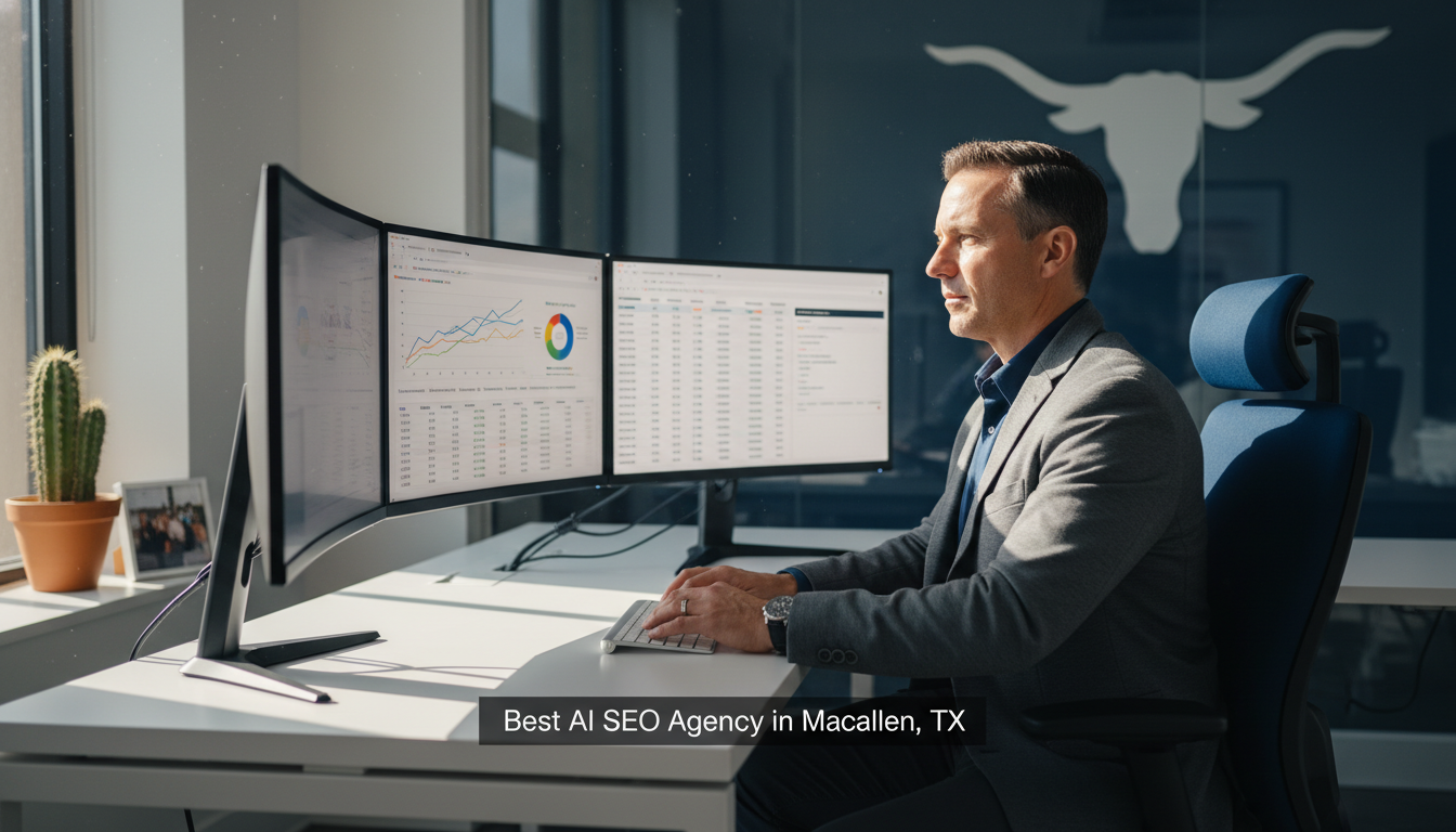 AI SEO strategist analyzing data in modern office, McAllen, TX SEO services