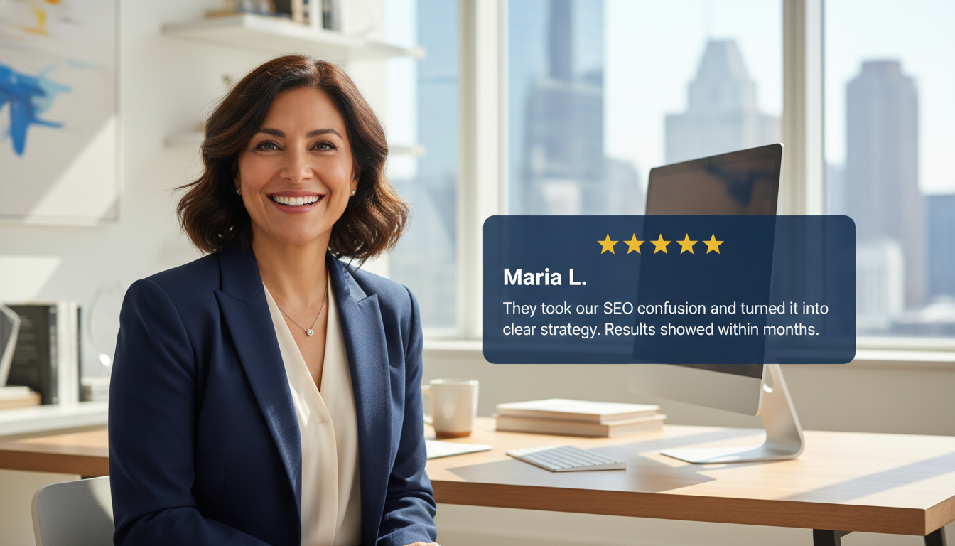 Client testimonial with 5-star review, McAllen TX SEO results