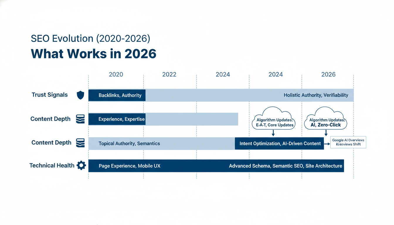 SEO evolution timeline showing 2026 best practices, McAllen TX SEO