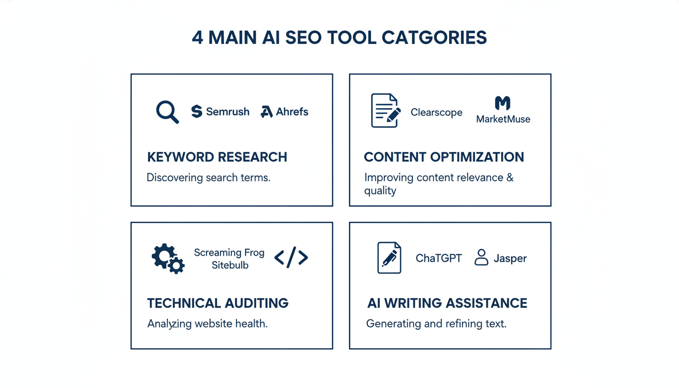 Four AI SEO tool categories infographic, McAllen AI SEO agency