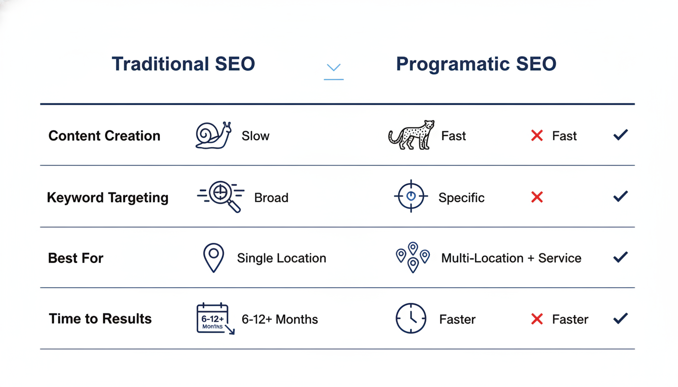 Three-column comparison chart: Traditional SEO vs Programmatic SEO by speed, targeting, best fit, and results timeline, Prog SEO, Corpus Christi