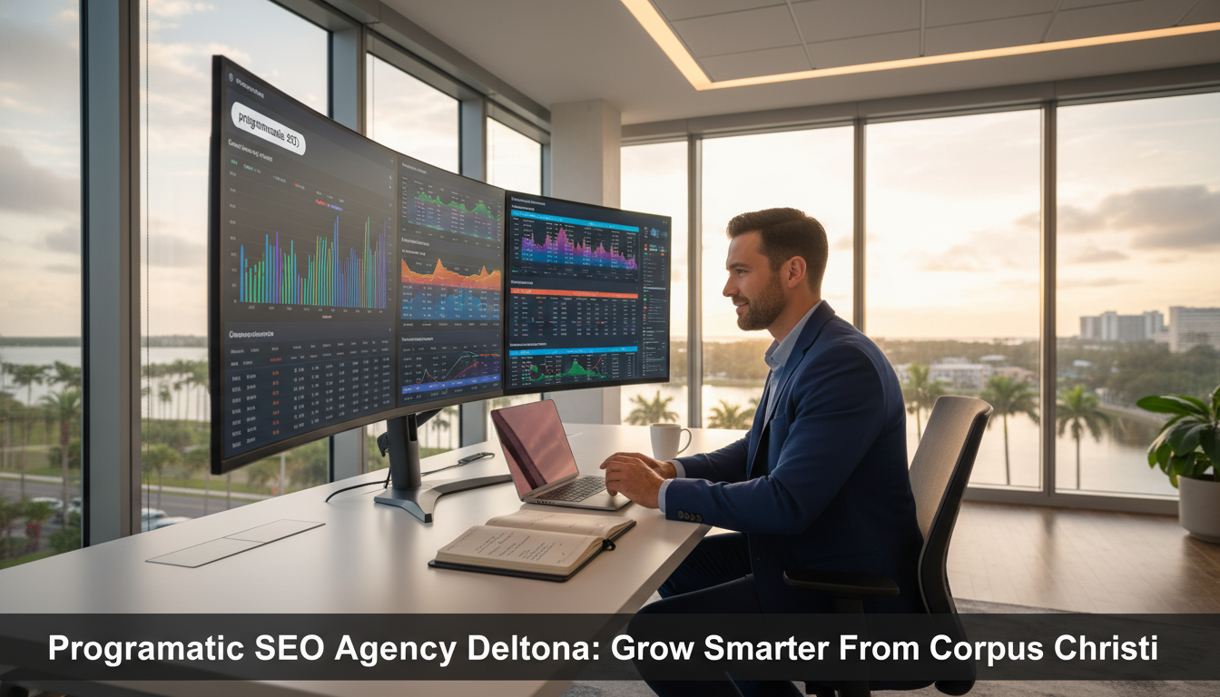 Digital strategist reviewing SEO analytics on multiple monitors in modern tech office with Gulf Coast views, Prog SEO, Corpus Christi