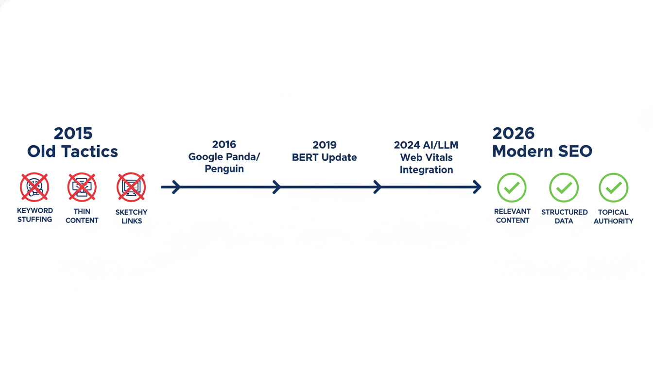 Timeline showing SEO evolution from 2015 keyword stuffing to 2026 relevant content approach, Prog SEO, Corpus Christi